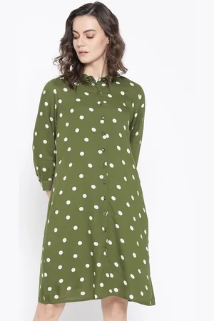 Rare Fashion Women Olive Green & Off-White Polka Dots Shirt Dress