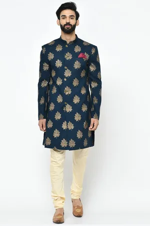 KISAH Men Navy Blue Printed Sherwani Set
