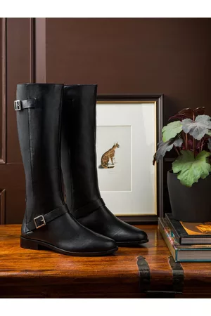 SAINT G. Black Crust Leather Buckle Knee High Boots