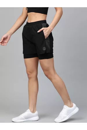 CHKOKKO Women Black Side Panelled Regular Fit Double Layered Running Shorts