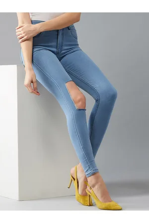 DOLCE CRUDO Women Blue Skinny Fit Mid-Rise Slash Knee Stretchable Jeans