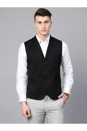 MANQ Men Black Solid Slim Fit Woven Formal Waistcoat