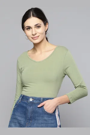 Chemistry Women Olive Green Solid V-Neck T-shirt