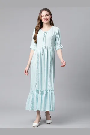 Rangriti Women Blue Floral Tie-Up Neck Ethnic Maxi Dress