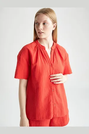 DeFacto Women Red Mandarin Collar Pure Cotton Shirt Style Top