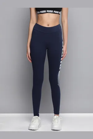 PUMA Women Navy Blue & White Brand Logo Printed Essentials Graphic Tight Fit Tights