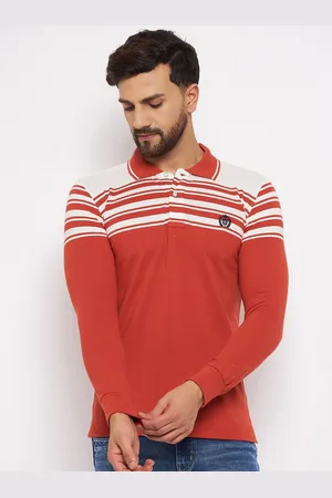 Duke Men Orange & White Cotton Striped Polo Collar T-shirt