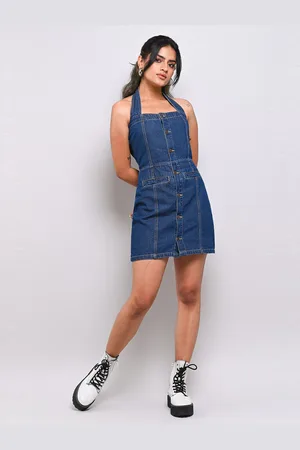 FREAKINS Women Blue Denim Pinafore Mini Cotton Dress