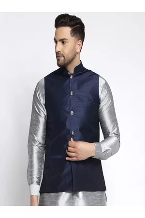 Kaifoo Men Navy Blue Solid Silk Nehru Jackets