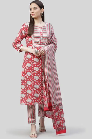 Jompers Women Red Striped Empire Pure Cotton Kurti with Trousers & With Dupatta