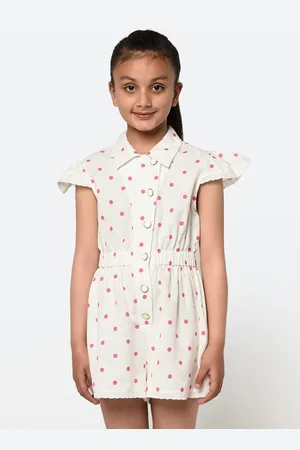 Blanc9 Girls White & Pink Polka Dots Printed Cotton Playsuit
