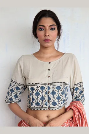 Chidiyaa Grey & Blue Handprinted Cotton Saree Blouse