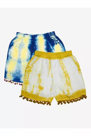 KiddoPanti Girls Pack Of 2 Yellow & Blue Tie & Dye Shorts