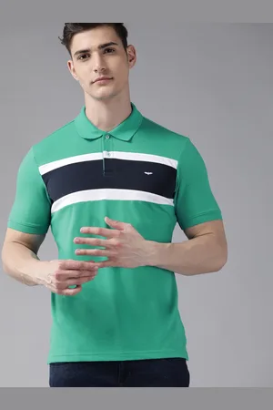 Park Avenue Men Sea Green & Navy Blue Striped Polo Collar Slim Fit T-shirt