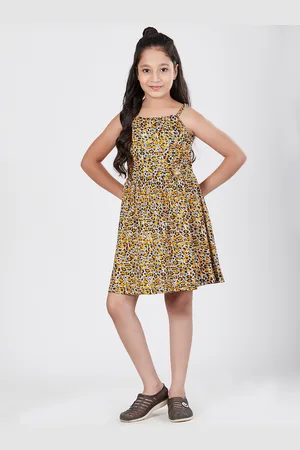 CACA CINA Girls Mustard Yellow & Brown Printed Fit and Flare Dress