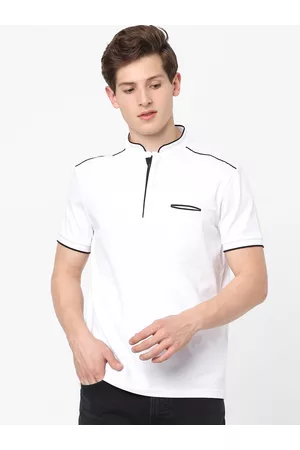 Celio Men White Regular Fit Mandarin Collar Pockets Cotton T-shirt