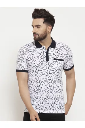 WILD WEST Men White & Navy Blue Printed Polo Collar T-shirt