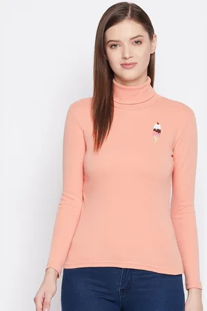 Hypernation Women Peach-Coloured High Neck Slim Fit T-shirt