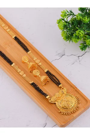 Brandsoon Gold-Plated & Black Beaded Mangalsutra With Earrings