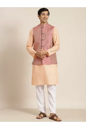 SOJANYA Men Peach-Coloured Chikankari Pure Cotton Kurta with Churidar & Nehru Jacket