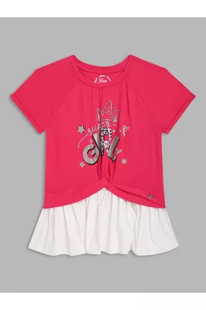 Blue Giraffe Girls Pink & White Printed Pure Cotton Top