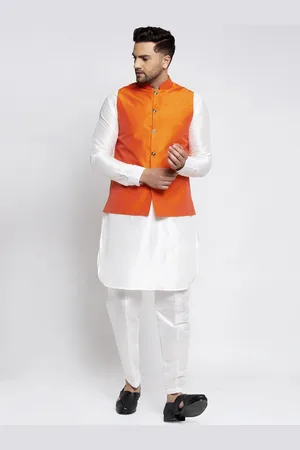 Kaifoo Men White & Orange Kurta with Pyjamas & Nehru Jacket