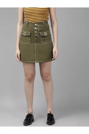 KASSUALLY Women Olive Green Solid Pure Cotton Denim Skirt