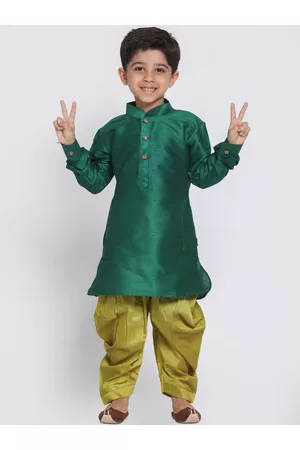 Vastramay Boys Green Self Design Cotton Silk Kurta with Dhoti Pants