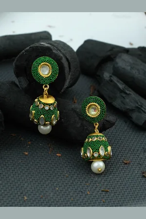 Silvermerc Designs Gold-Plated & Green Dome Shaped Jhumkas