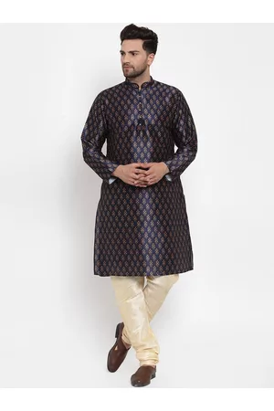 KRAFT INDIA Men Ethnic Pyjamas - Men Navy Blue Ethnic Motifs Printed Angrakha Kurta with Pyjamas