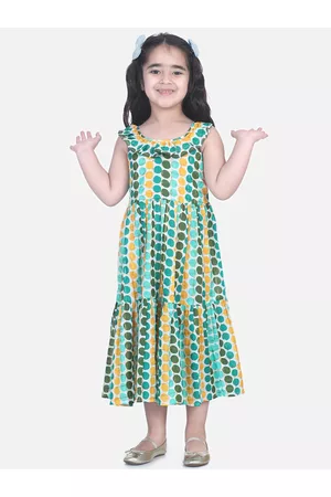 BownBee Girls Green Printed Fit and Flare Dress