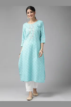Cayman Women Turquoise Blue Floral Printed Floral Kurta