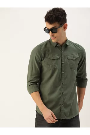 IVOC Men Olive Green Slim Fit Solid Casual Shirt
