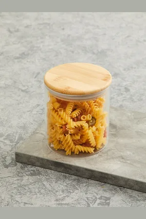 Home Centre Transparent & Beige Borosilicate Glass Jar With Bamboo Lid 600 ml