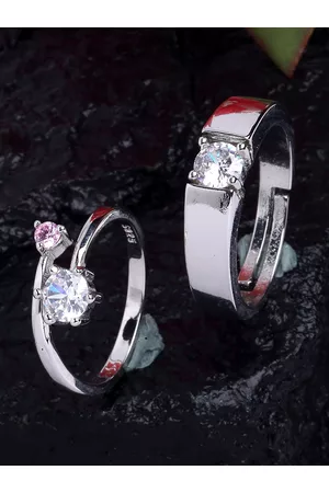 karatcart Set Of 2 Silver-Plated White Stone Studded Adjustable Finger Rings