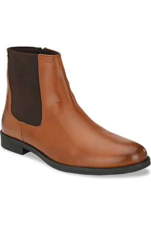 Delize Men Tan Solid Synthetic Patent Mid-Top Flat Boots
