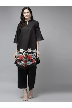 Bhama Couture Women Black Floral Printed Kurta with Palazzos