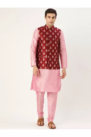 SOJANYA Men Pink & Maroon Solid Kurta with Churidar & Nehru Jacket