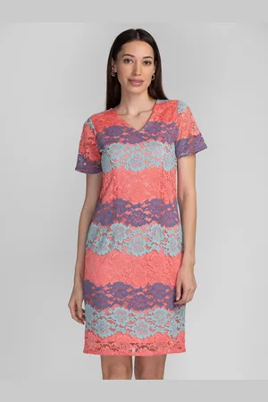 Globus Women Coral & Blue Floral Lace Sheath Dress