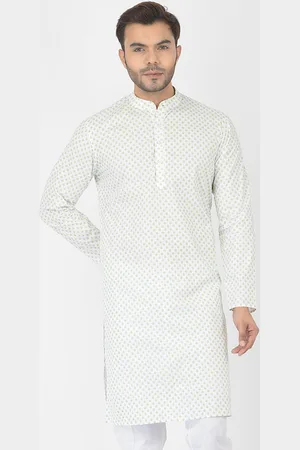 DEYANN Men White & Green Ethnic Motifs Printed Kurta