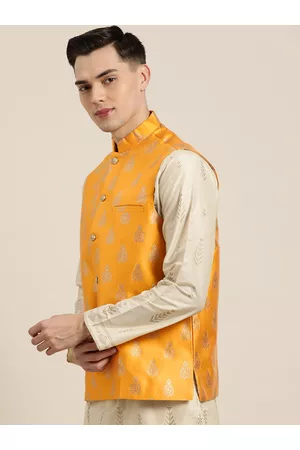 SOJANYA Men Mustard Yellow & Golden Self-Design Nehru Jacket