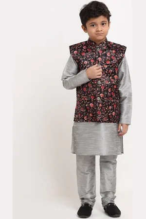 Kraft Boys Silver Ethnic Motifs Dupion Silk Kurta with Churidar & Nehru Jacket