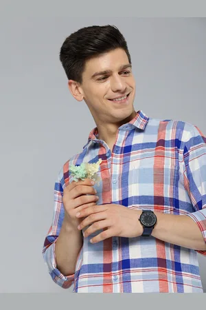 Mast & Harbour Men Blue Checked Casual Cotton Linen Shirt