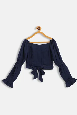 Antheaa Navy Blue Bishop Sleeves Smocked Crepe Front Tie-Up Crop Top