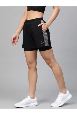 CHKOKKO Women Black Side Panelled Regular Fit Double Layered Running Shorts