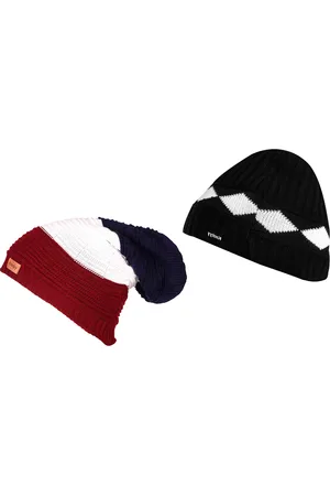Knotyy Men Pack of 2 Black & White Colourblocked Woolen Beanies