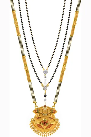 Brandsoon Set Of 3 Gold-Plated & White Stone-Studded & Black Beaded Mangalsutra