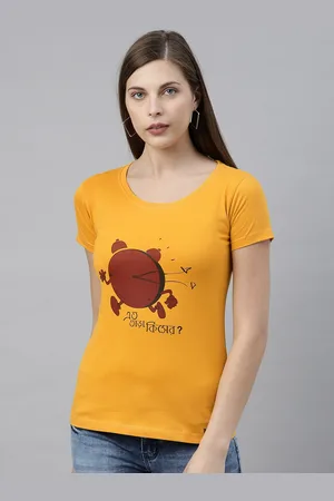 BRATMA Women Mustard Yellow Printed Round Neck T-shirt