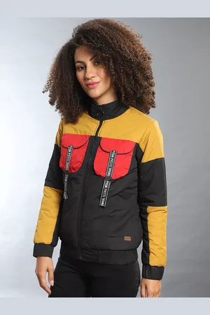 Campus Women Mustard Black Colourblocked Windcheater Bomber Jacket