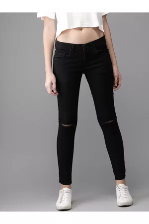HERE&NOW Women Black Skinny Fit Mid-Rise Slash Knee Stretchable Jeans